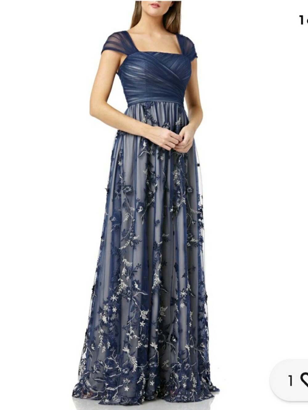 Carmen Marc Valvo Elegant Navy Embroidered Evening Gown